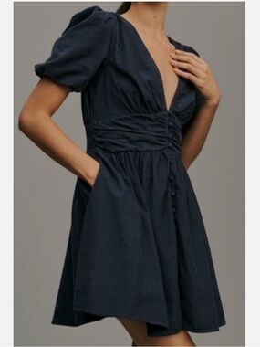 NWT Anthropologie The Katerina Button Front Mini Dress Size M Corduroy Navy
